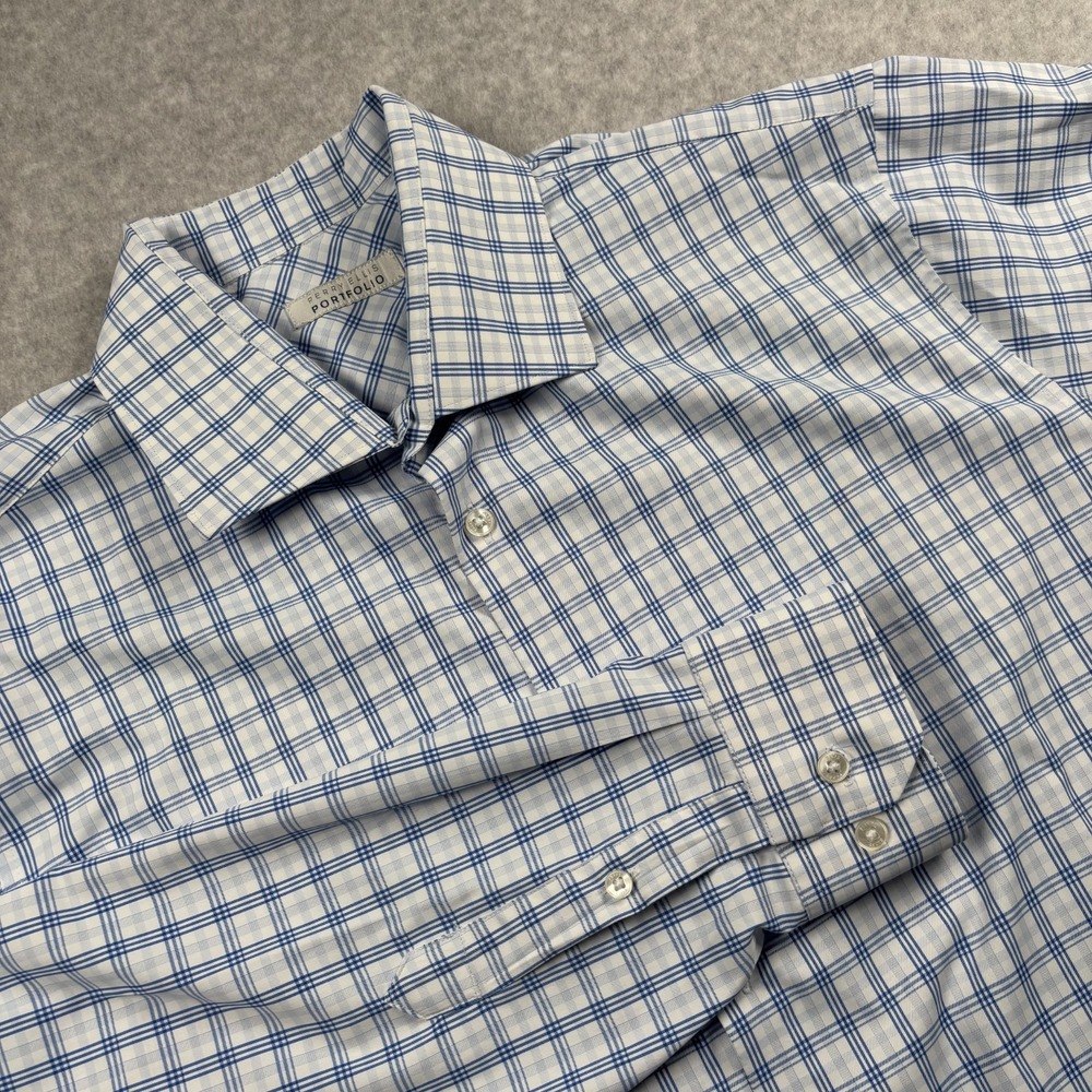 Perry Ellis Portfolio Tech+ Mens 17 36/37 White Blue Plaid Dress Stretch Shirt
